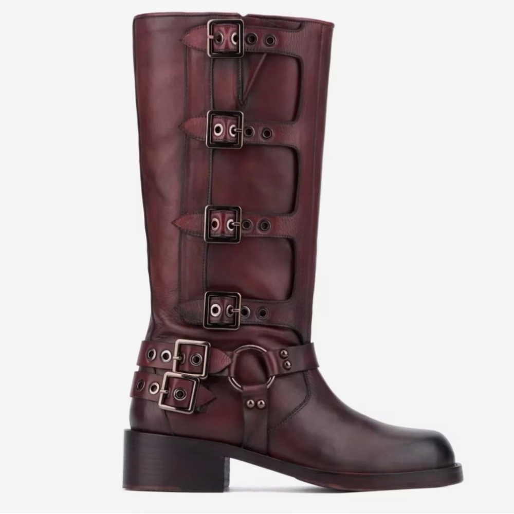 Burgundy Combat Moto Boots with Buckles and Chunky Heel